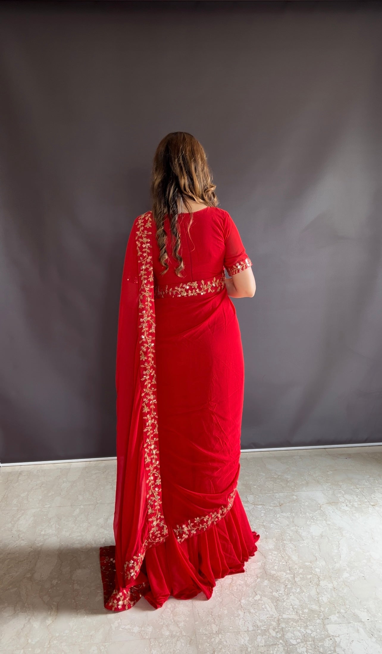 Teeya Creation Red Color Faux Georgette Fabric Heavy Embroidery Work Gown Style Fully Stitched Saree