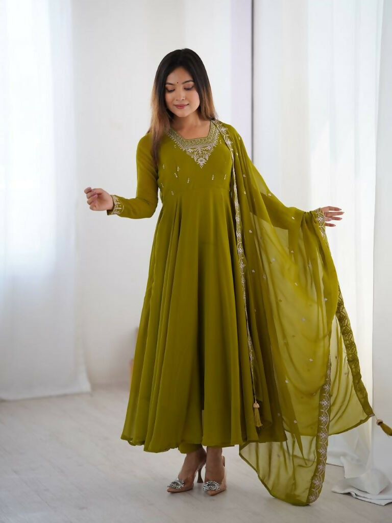 Teeya Creation Mahendi Green Color Pure Soft Georgette Embroidery Work Gown