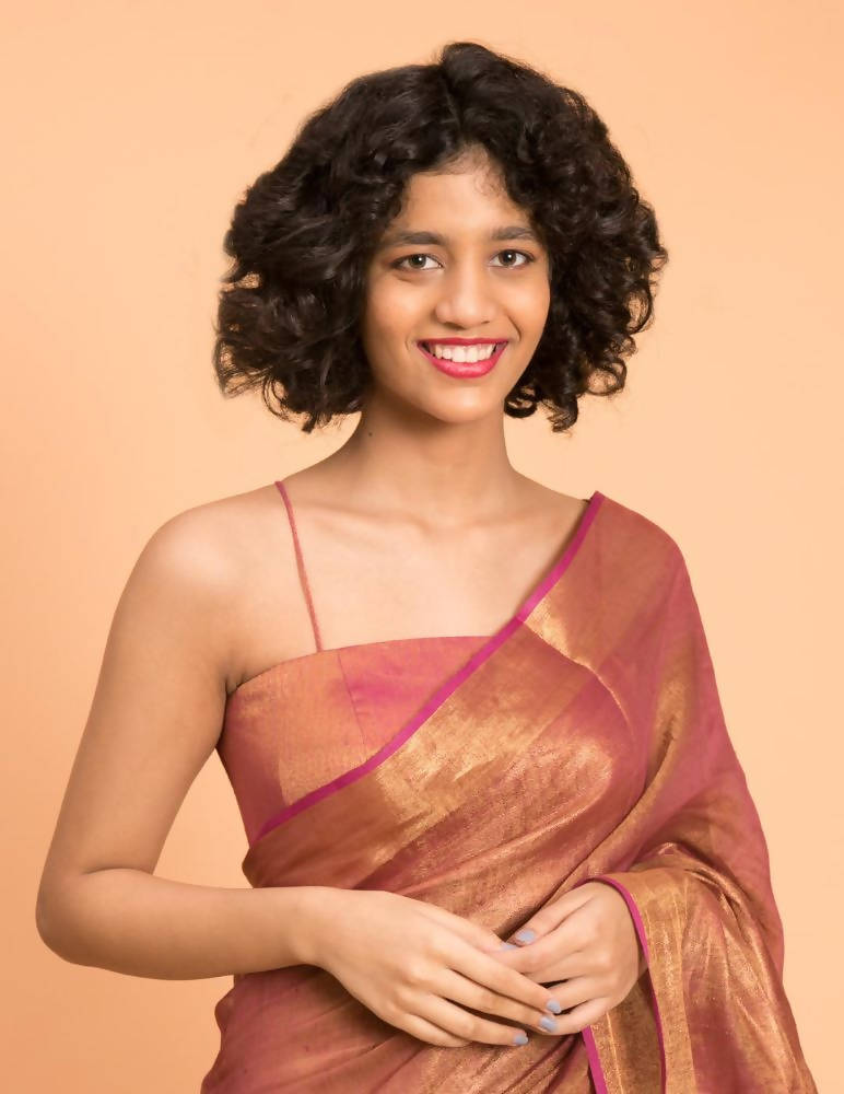 Suta Pink Golden Solid Zari Pure Linen Saree