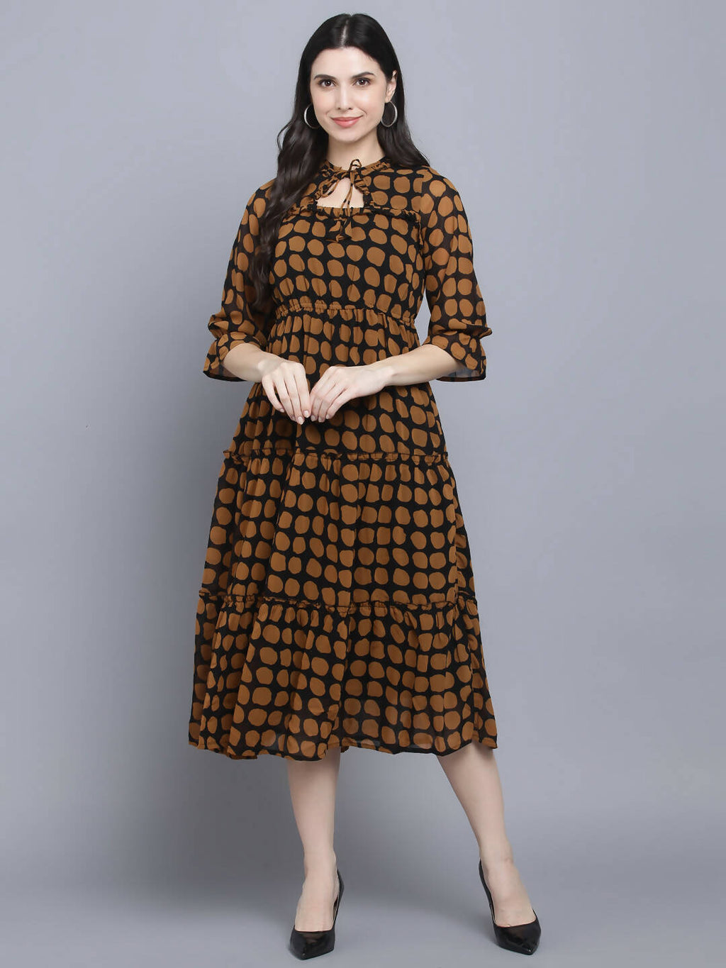 Myshka Women's Multicoloured Keyhole Neck Midi Dress