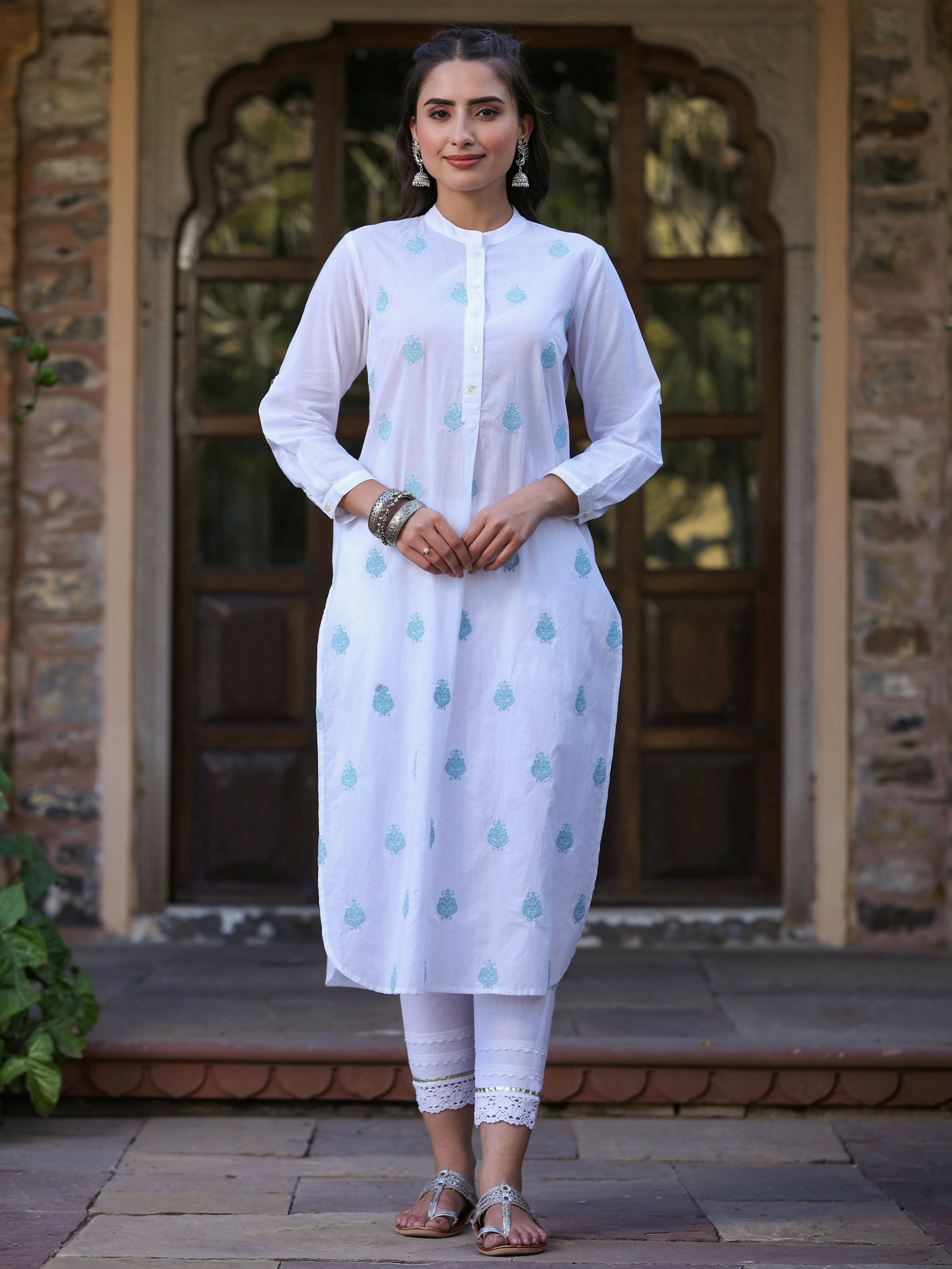 Juniper Women's White Cambric Printed Straight Kurta