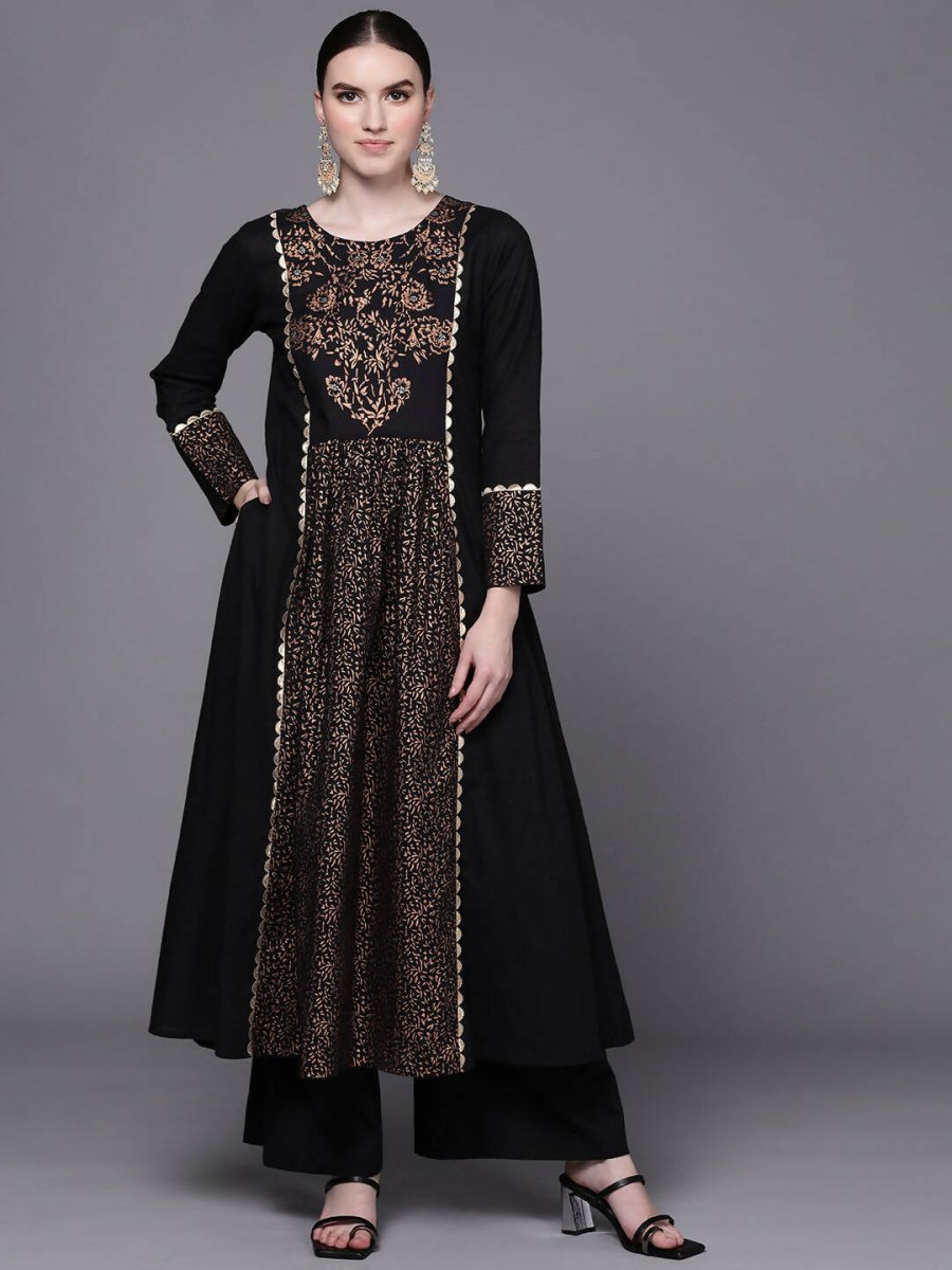 Ahalyaa Women Black Floral Printed Pure Cotton Kurta with Palazzos