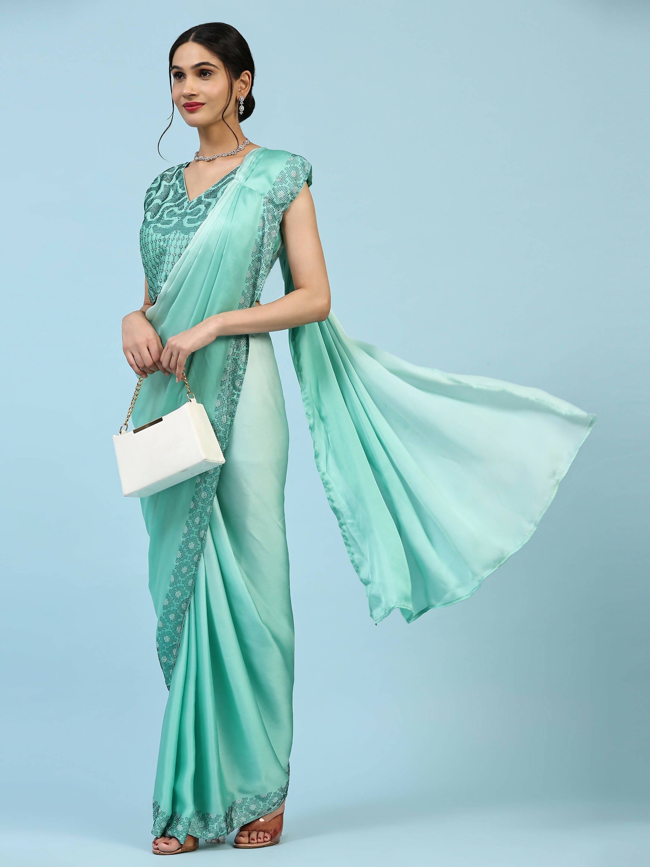 Sea Green Ombre Satin Georgette Plain Ready to wear Saree with stitched Blouse - Vrinda