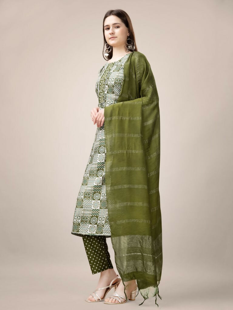 Jyoti Fashion Women's Mehendi Rayon Print with Embroidery & Fancy Lace Work Kurta with Trouser & Dupatta