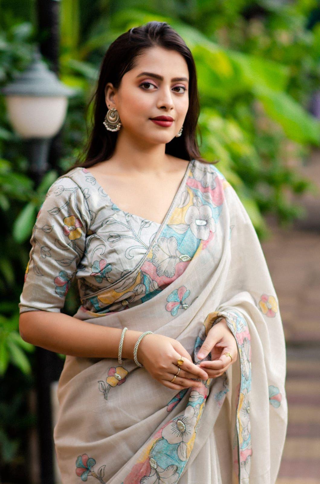 Grey Pure Linen Ethnic Motifs Saree with Unstitched Blouse - Hiral Fashion