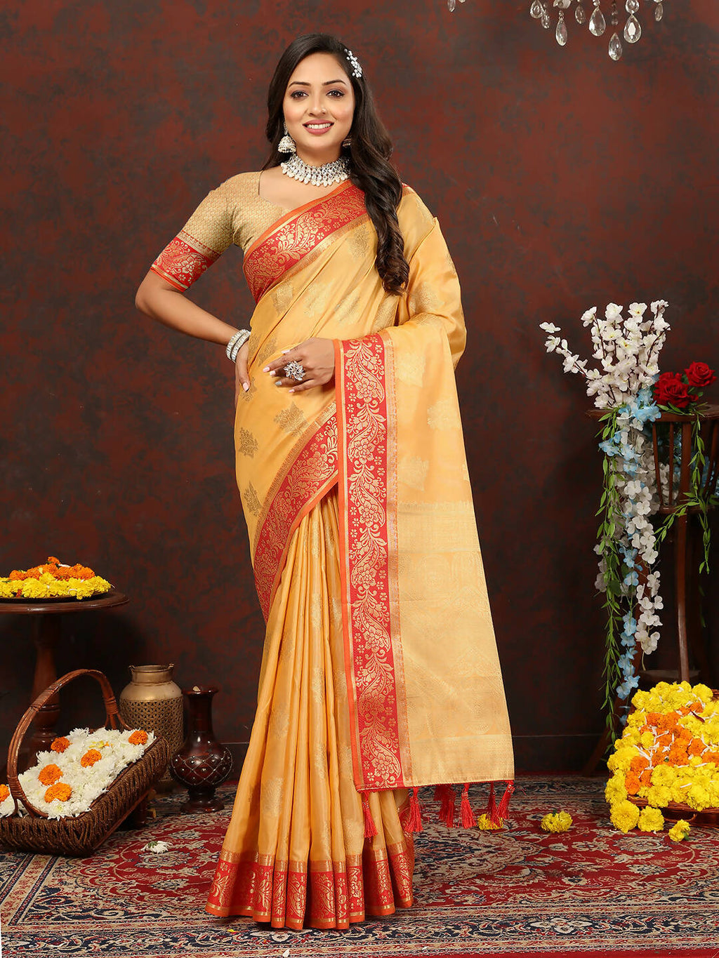 Lorenvalley Fashion Gold Cotton Woven Design with Zari Weaving Design Saree
