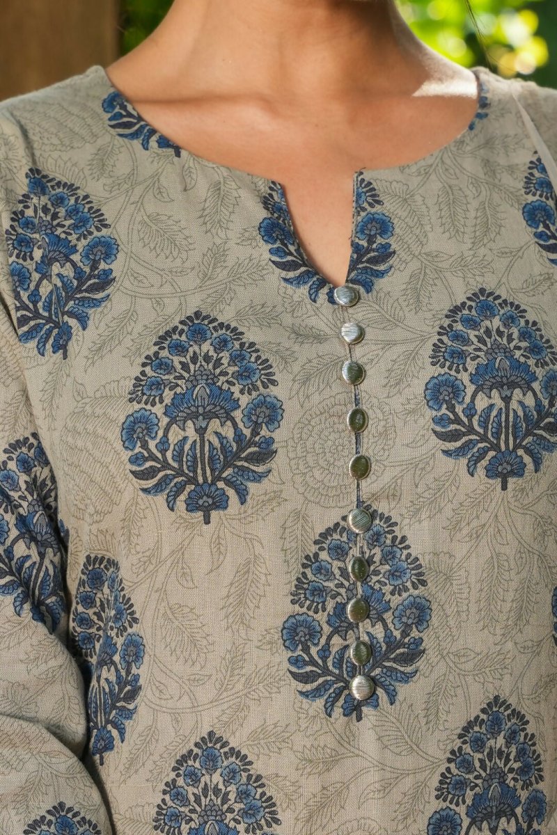 Aramya A-line Linen Cotton Floral Print Women's Kurta Set - Grey