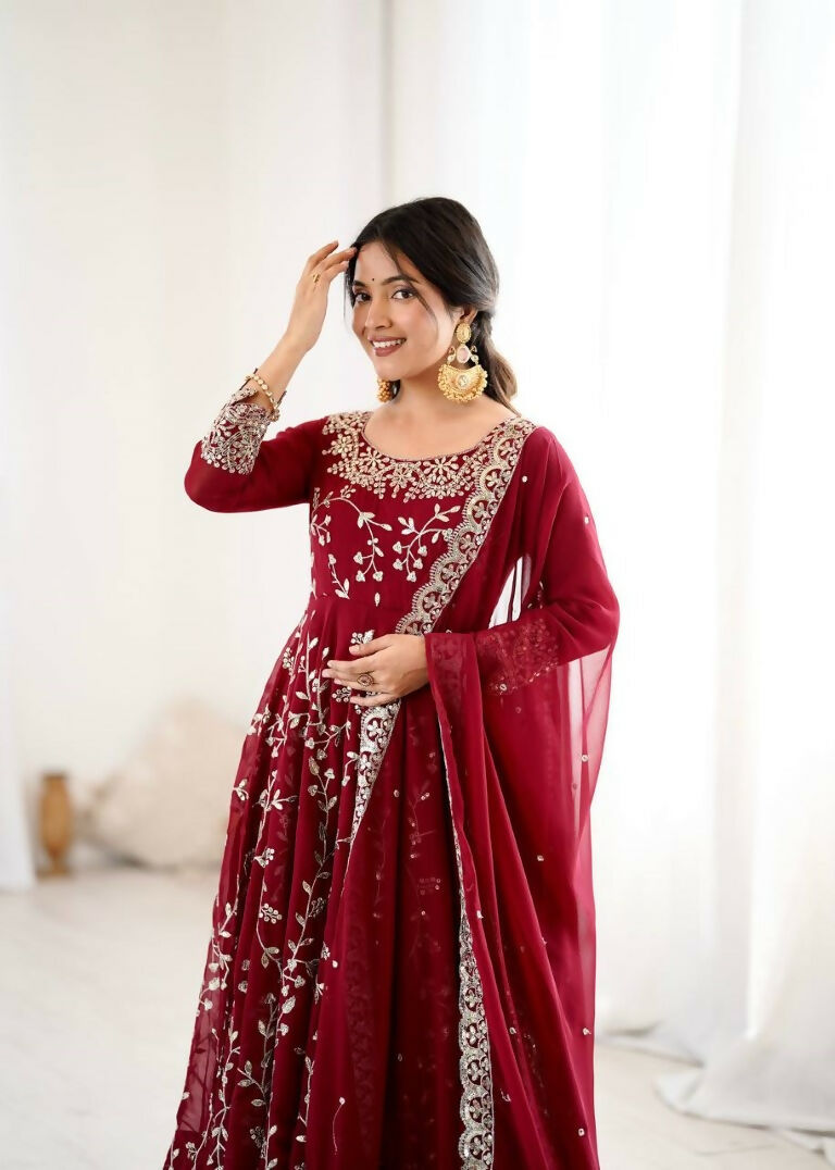 Teeya Creation Maroon Color Heavy Faux Georgette Embroidery Work Gown