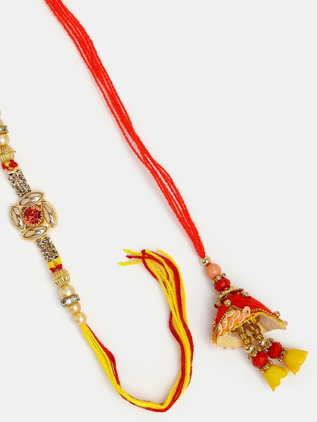 NVR Women & Men Set of 2 Red & Gold-Toned Stone-Studded Bhaiya Bhabhi Rakhi With Roli Chawal