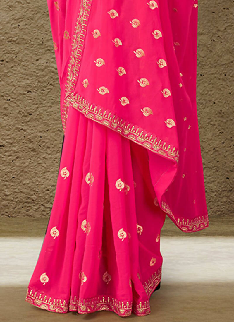 Pink Georgette Embroidered Saree with Unstitched Blouse Piece - Avika