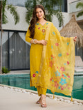 The52 Yellow Women's Gorgeous Embroidered work Viscose Gadhwal Fabric Straight Kurta, Pant and Dupatta Set