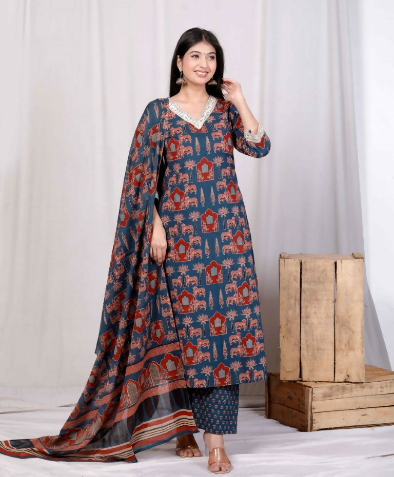 Miravan Women's Pure Cotton Animal Printed Zari Lace Work Blue Jaipuriya Anarkali Suit Set