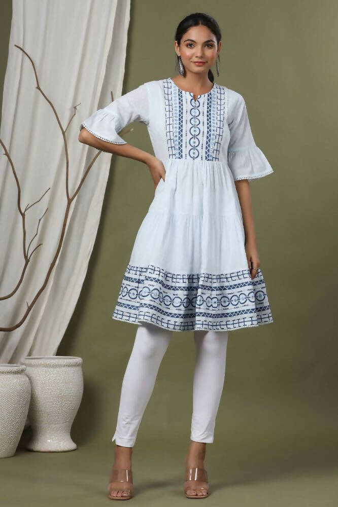 Juniper Sky Blue Cotton Dobby Festive Embroidered Tiered Dress For Women