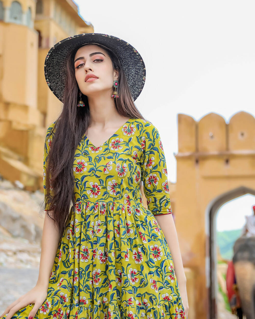 Designer Partywear Printed Yellow Pure Maslin Gown - Anbazaar