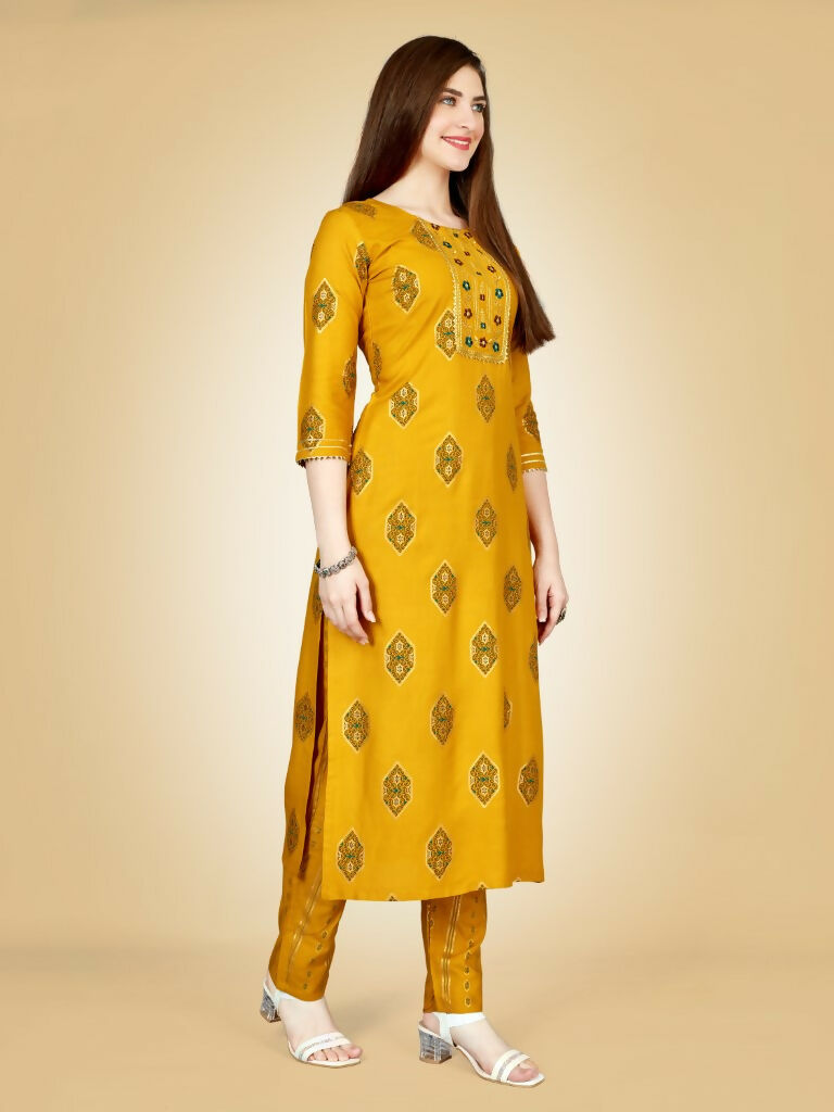 Jyoti Fashion Women's Yellow Viscose Rayon Embroidered Kurta Pant Set