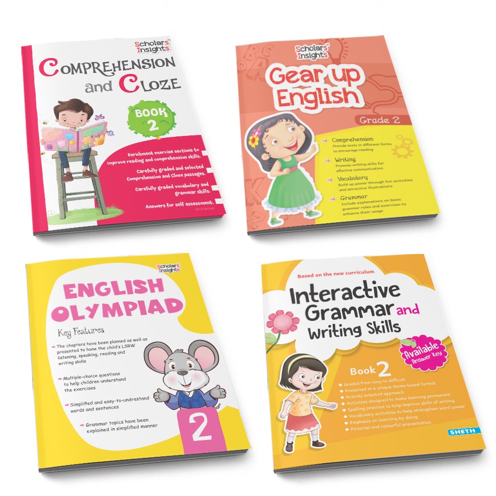 Grade 2 Ultimate English Combo Practice Workbooks Set of 4: Grammar, Writing Skills, Olympiad Prep, and Gear Up English| Ages 7-8 Years