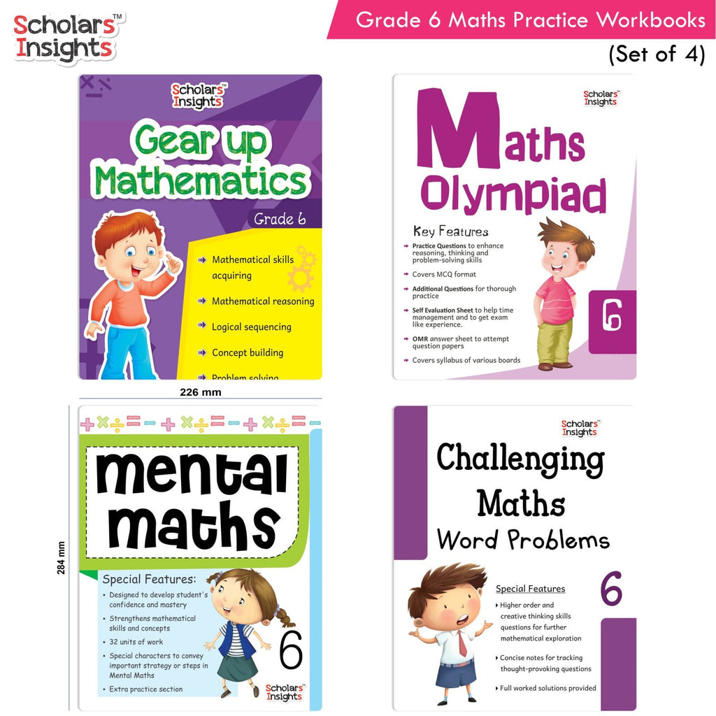 Grade 6 Comprehensive Learning with Mathematics Workbooks Set of 4 Ages 11-12 Years: Gear Up Math, Mental Math, Olympiad, Challenging Word Problems