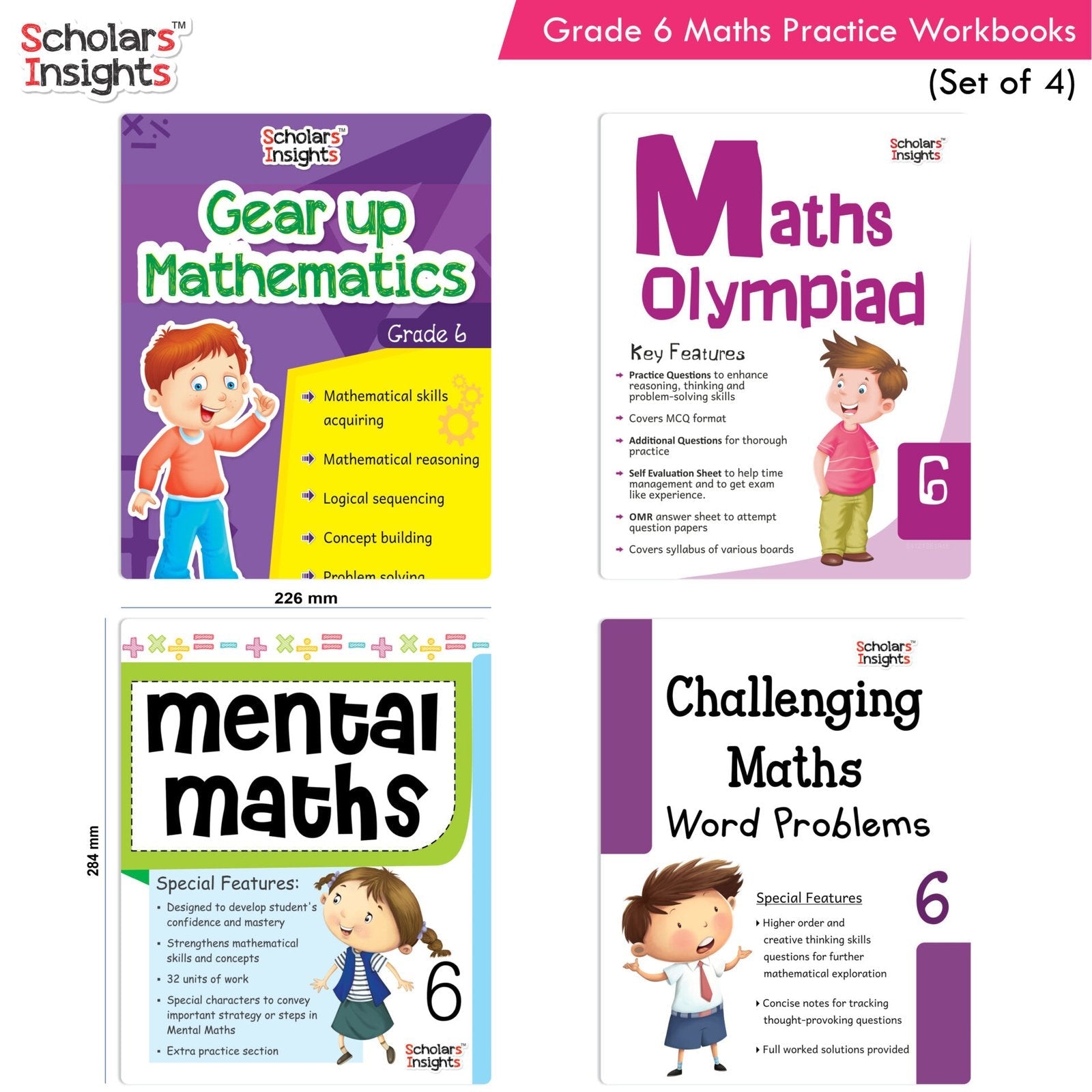 Grade 6 Comprehensive Learning with Mathematics Workbooks Set of 4 Ages 11-12 Years: Gear Up Math, Mental Math, Olympiad, Challenging Word Problems