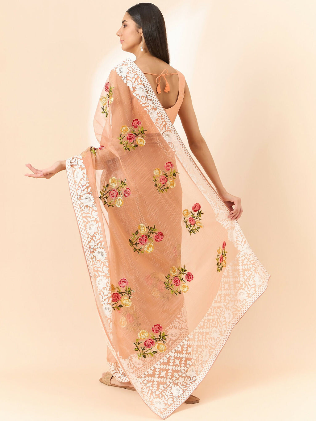 Peach Organza Floral Embroidered Saree with Unstitched Blouse Piece - Roozal