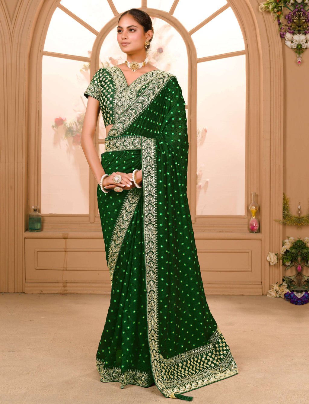 Teeya Creation Green Color Chinnon Silk Heavy Embroidery Work Saree