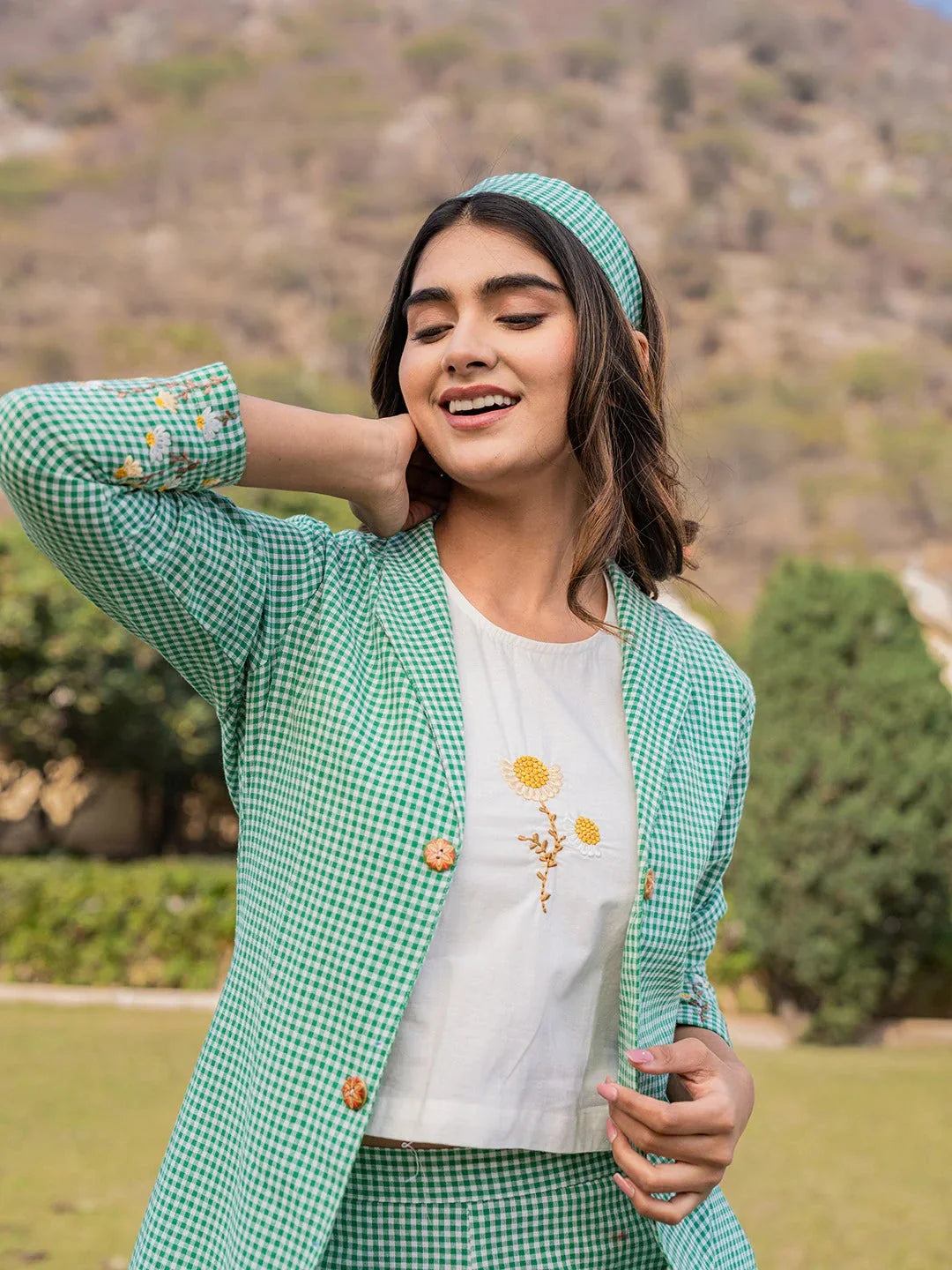 Yufta Green Cotton Checks Print Co Ord Set With Embroidery