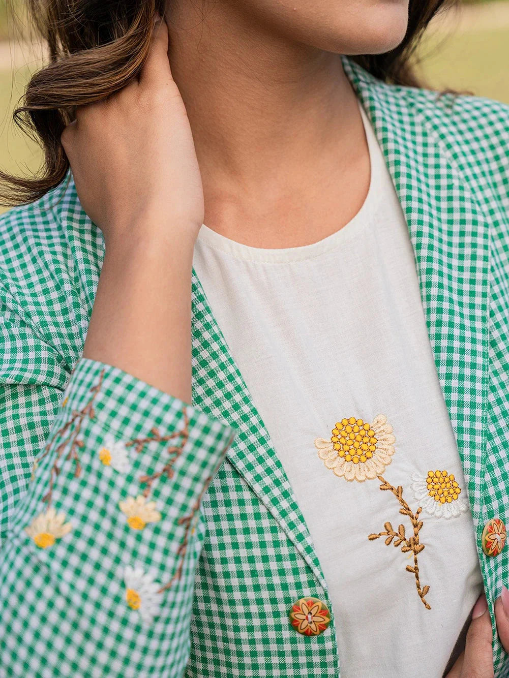 Yufta Green Cotton Checks Print Co Ord Set With Embroidery