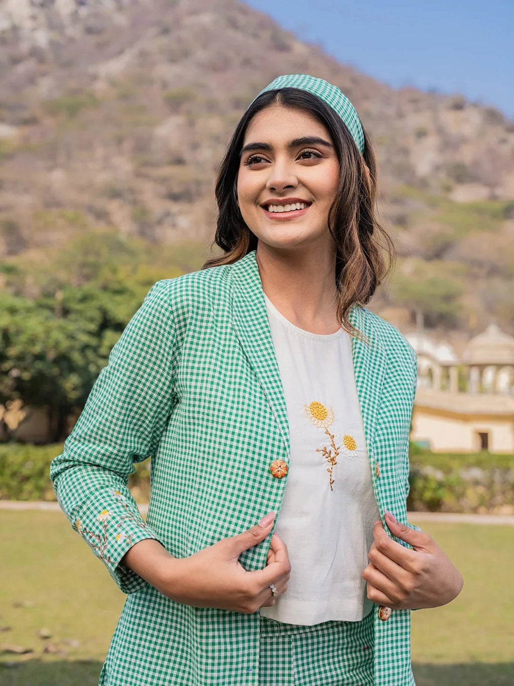 Yufta Green Cotton Checks Print Co Ord Set With Embroidery