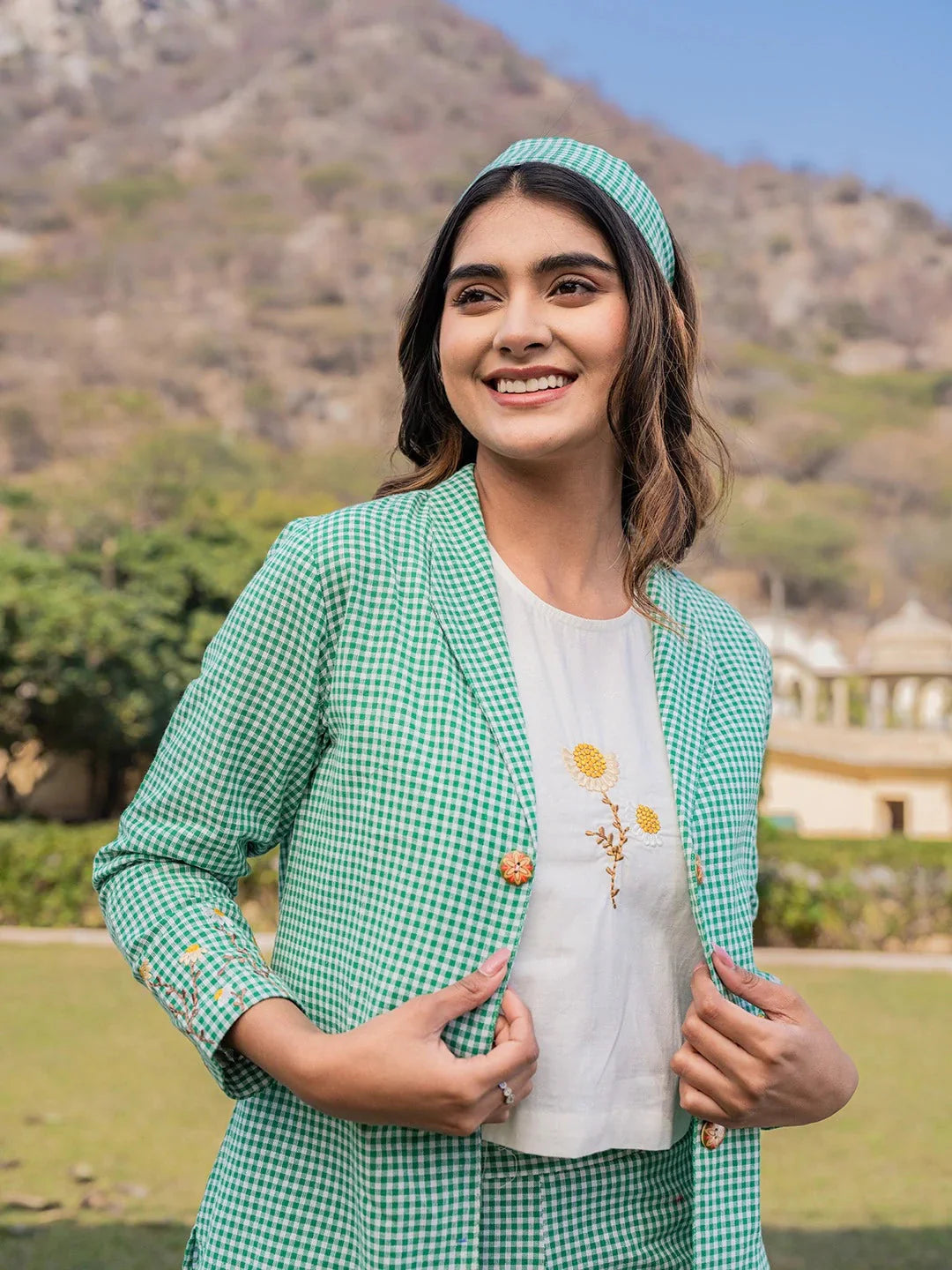 Yufta Green Cotton Checks Print Co Ord Set With Embroidery