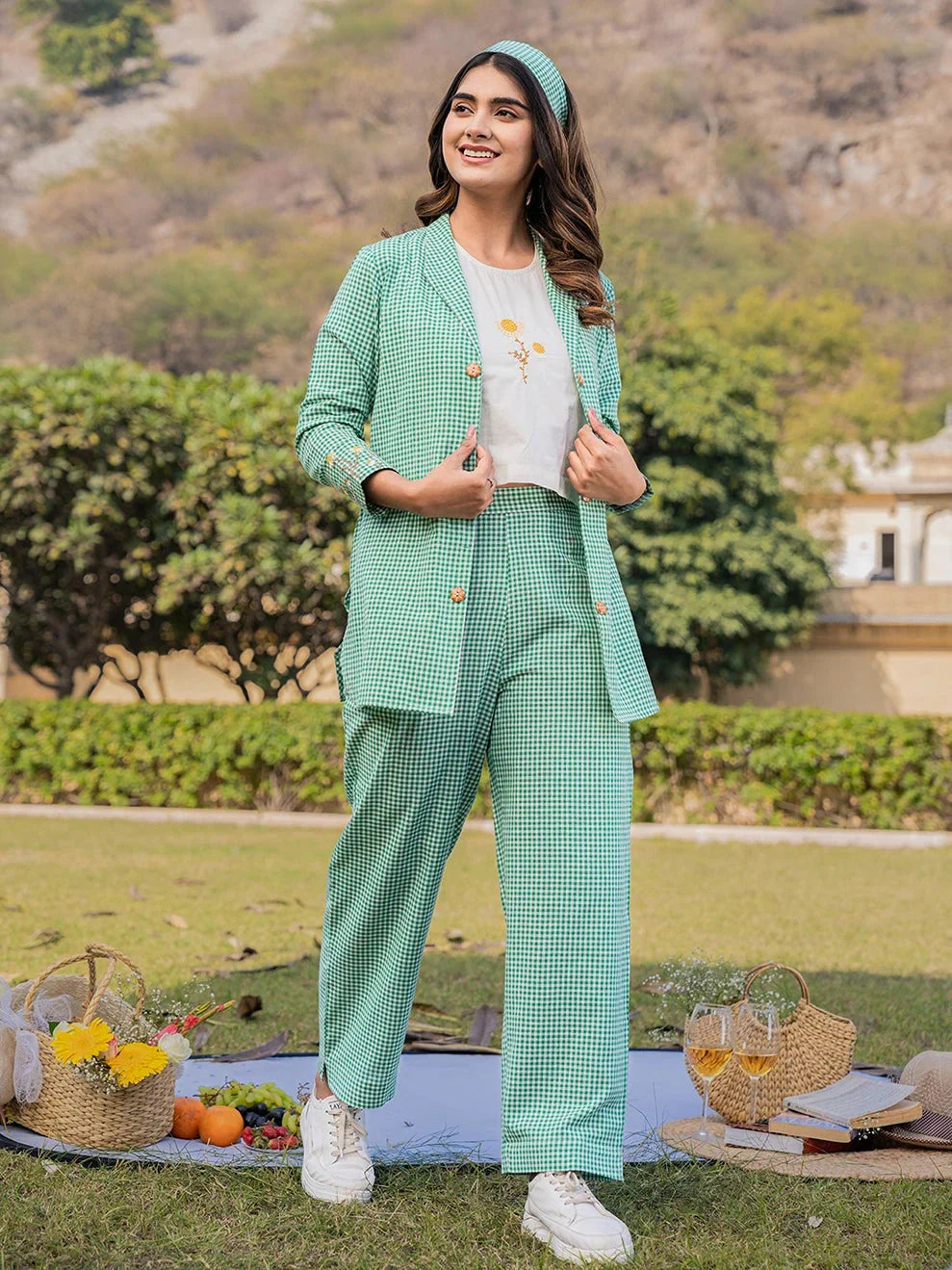 Yufta Green Cotton Checks Print Co Ord Set With Embroidery