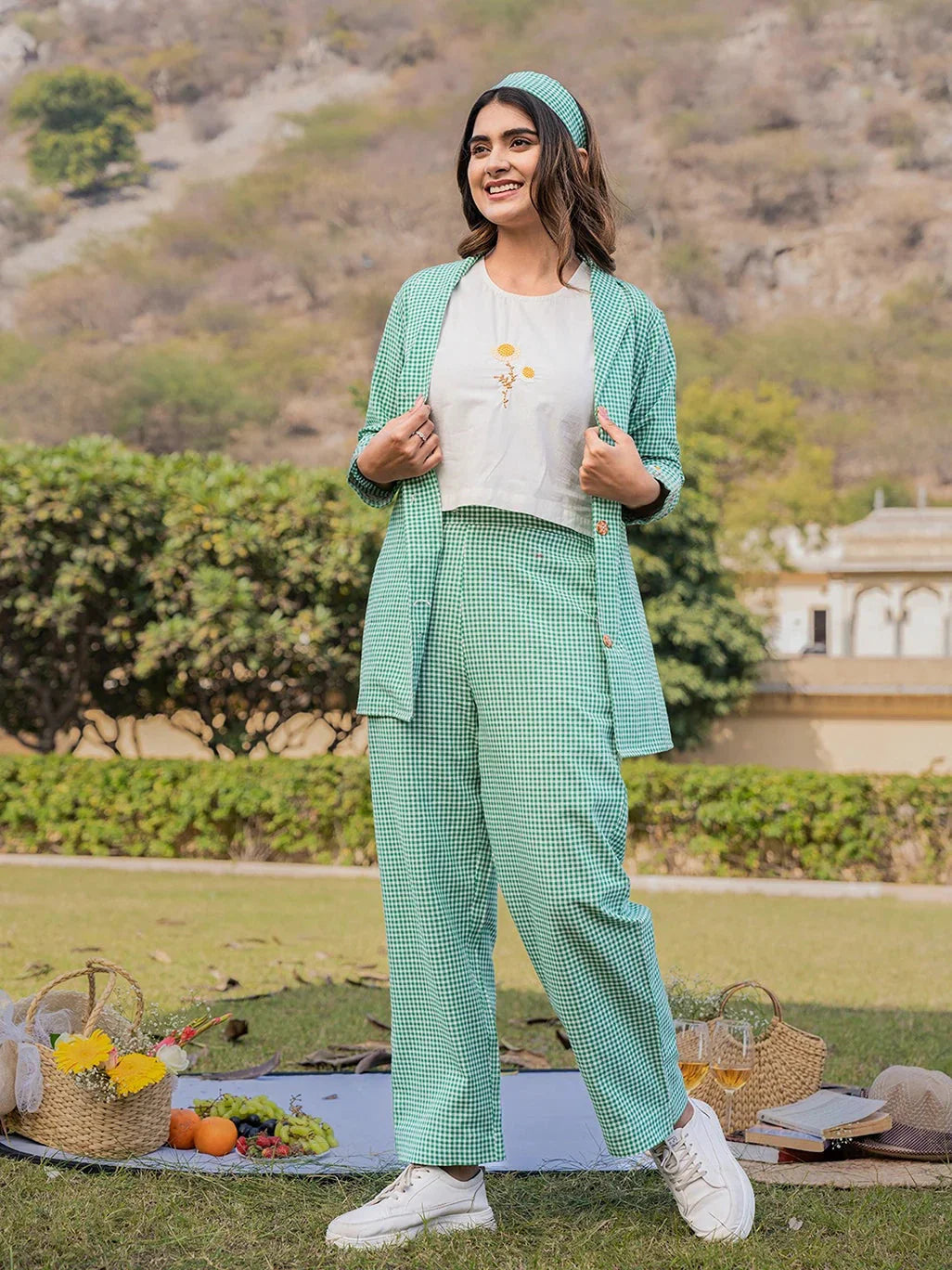 Yufta Green Cotton Checks Print Co Ord Set With Embroidery