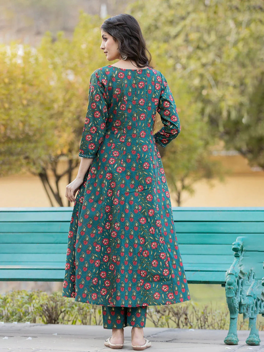Yufta Green Floral Print Mirror_Work Anarkali Kurta Trouser And Dupatta Set
