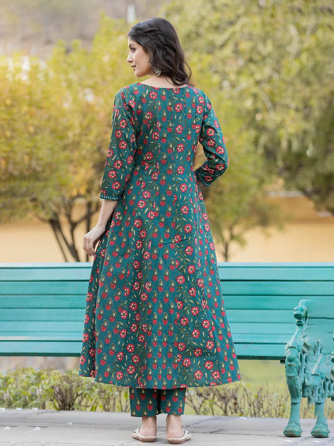 Yufta Green Floral Print Mirror_Work Anarkali Kurta Trouser And Dupatta Set