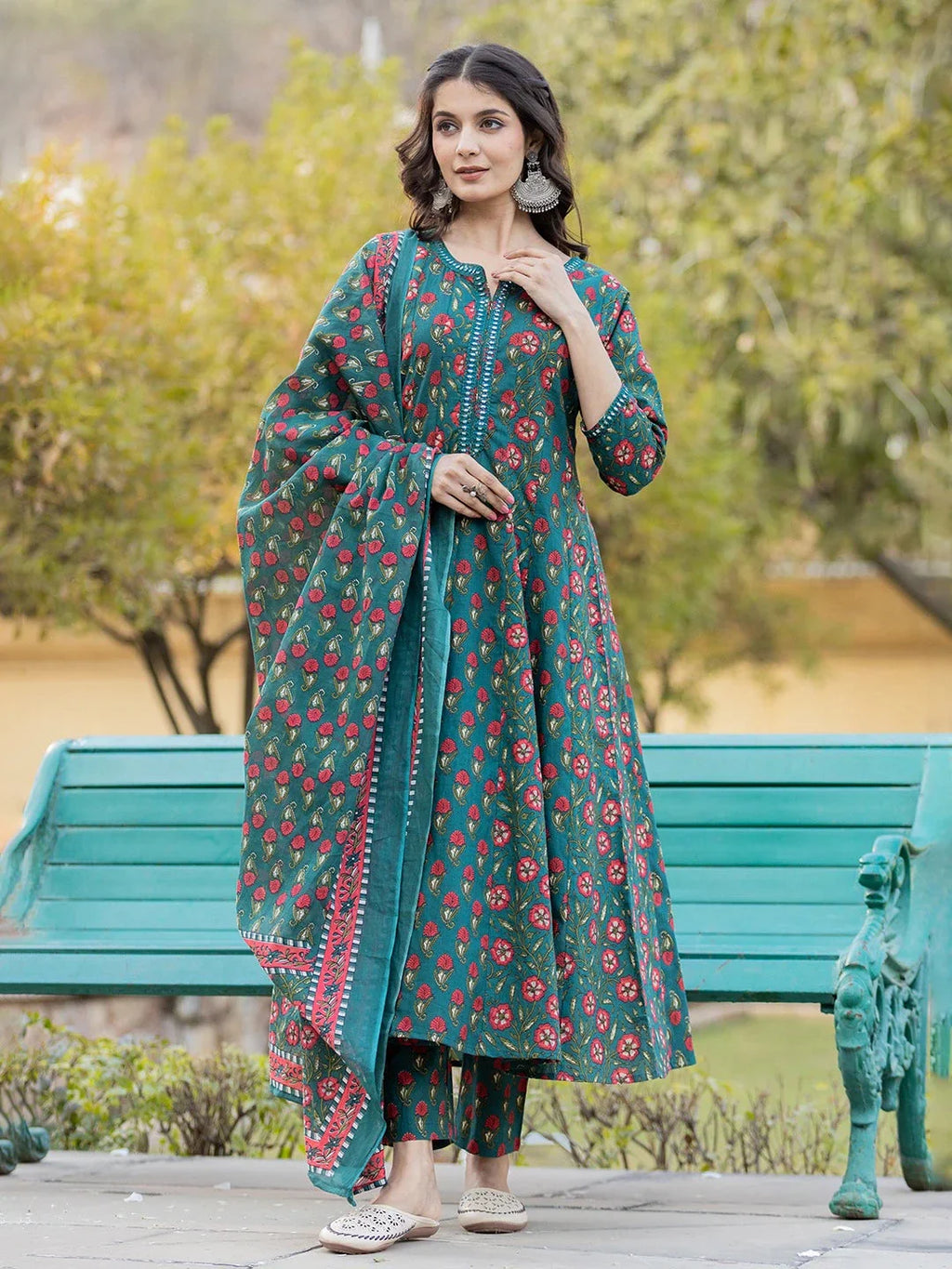 Yufta Green Floral Print Mirror_Work Anarkali Kurta Trouser And Dupatta Set