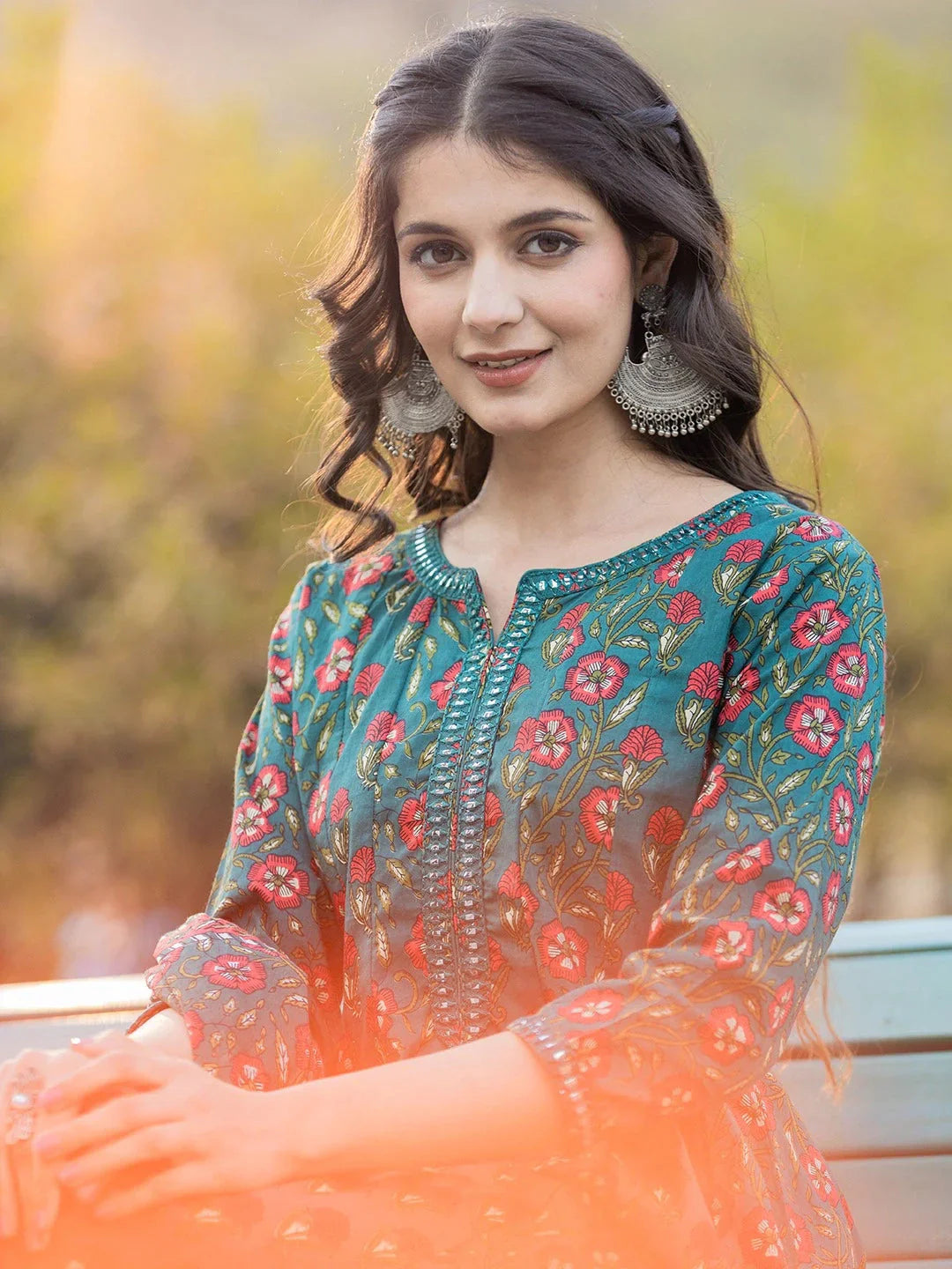 Yufta Green Floral Print Mirror_Work Anarkali Kurta Trouser And Dupatta Set