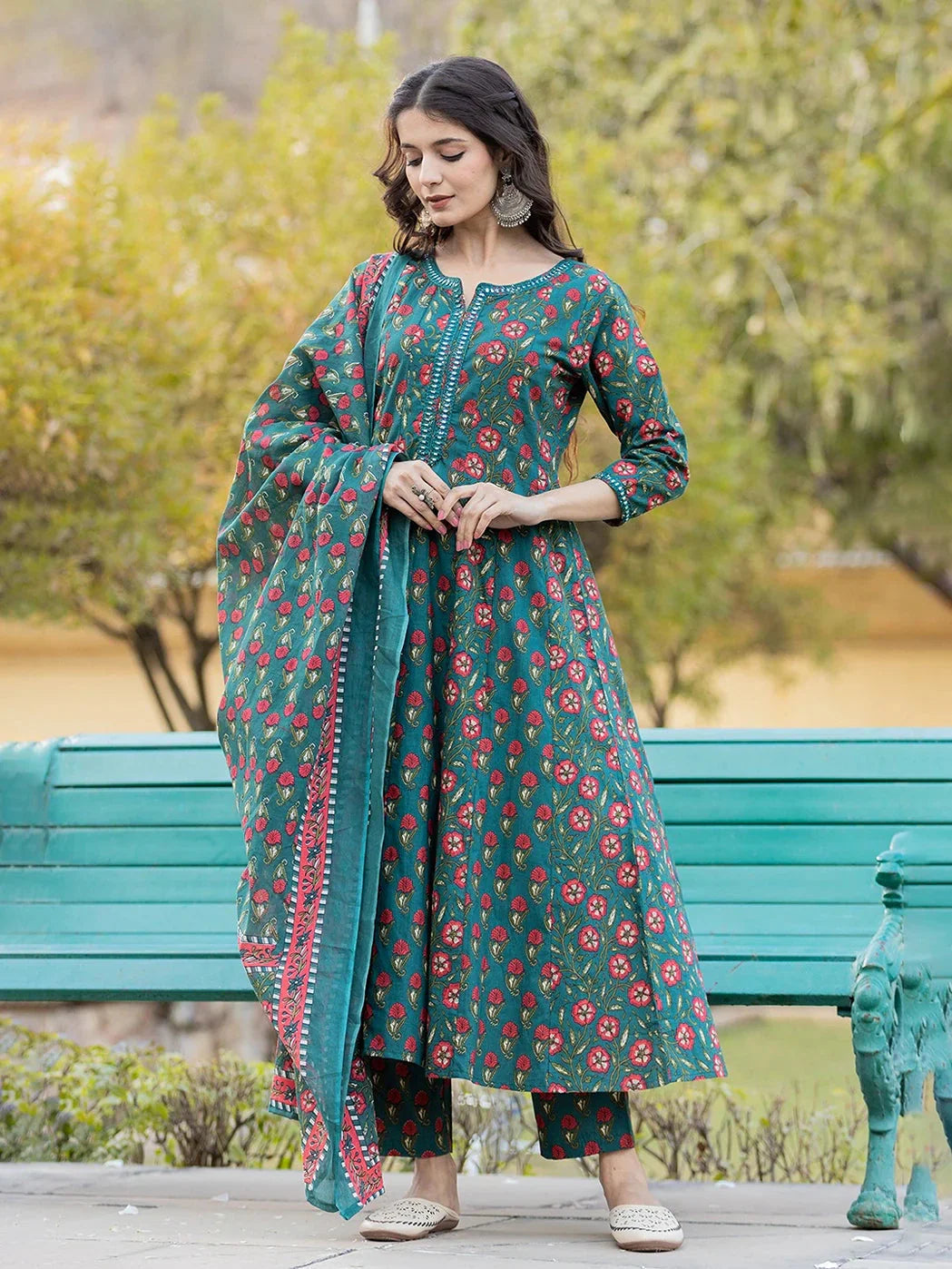 Yufta Green Floral Print Mirror_Work Anarkali Kurta Trouser And Dupatta Set