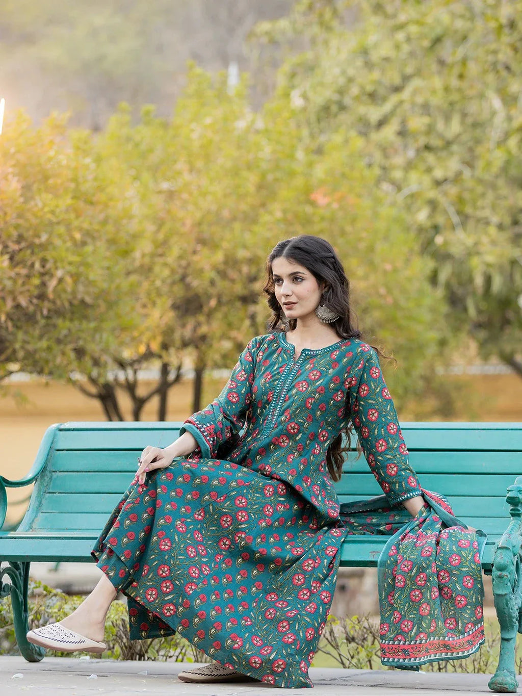 Yufta Green Floral Print Mirror_Work Anarkali Kurta Trouser And Dupatta Set