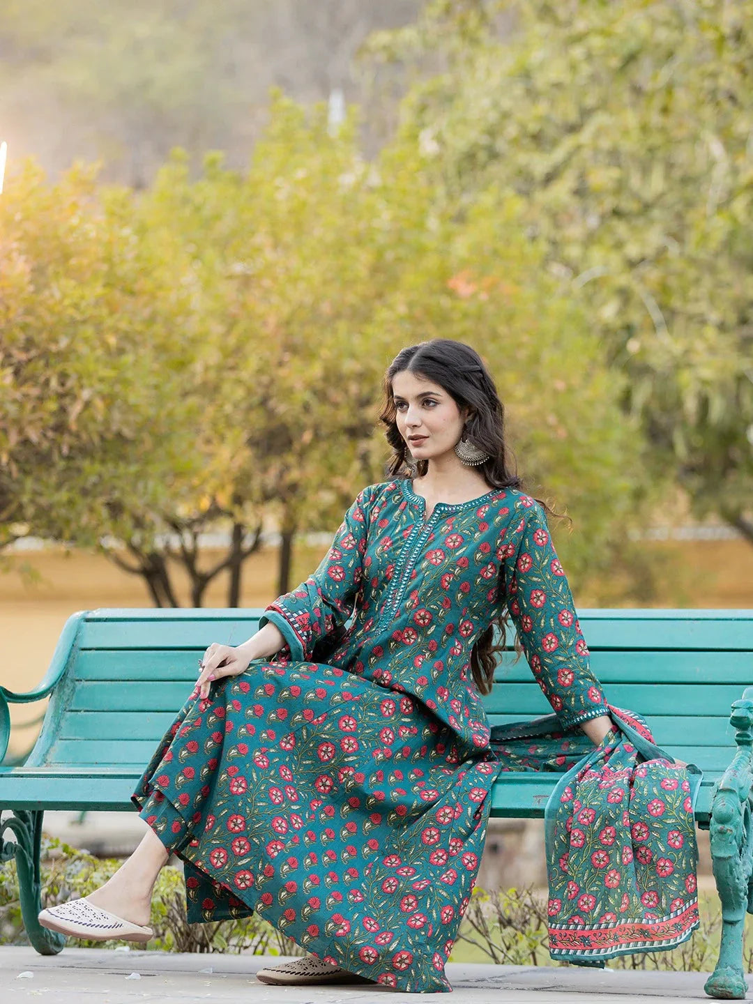 Yufta Green Floral Print Mirror_Work Anarkali Kurta Trouser And Dupatta Set