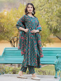 Yufta Green Floral Print Mirror_Work Anarkali Kurta Trouser And Dupatta Set