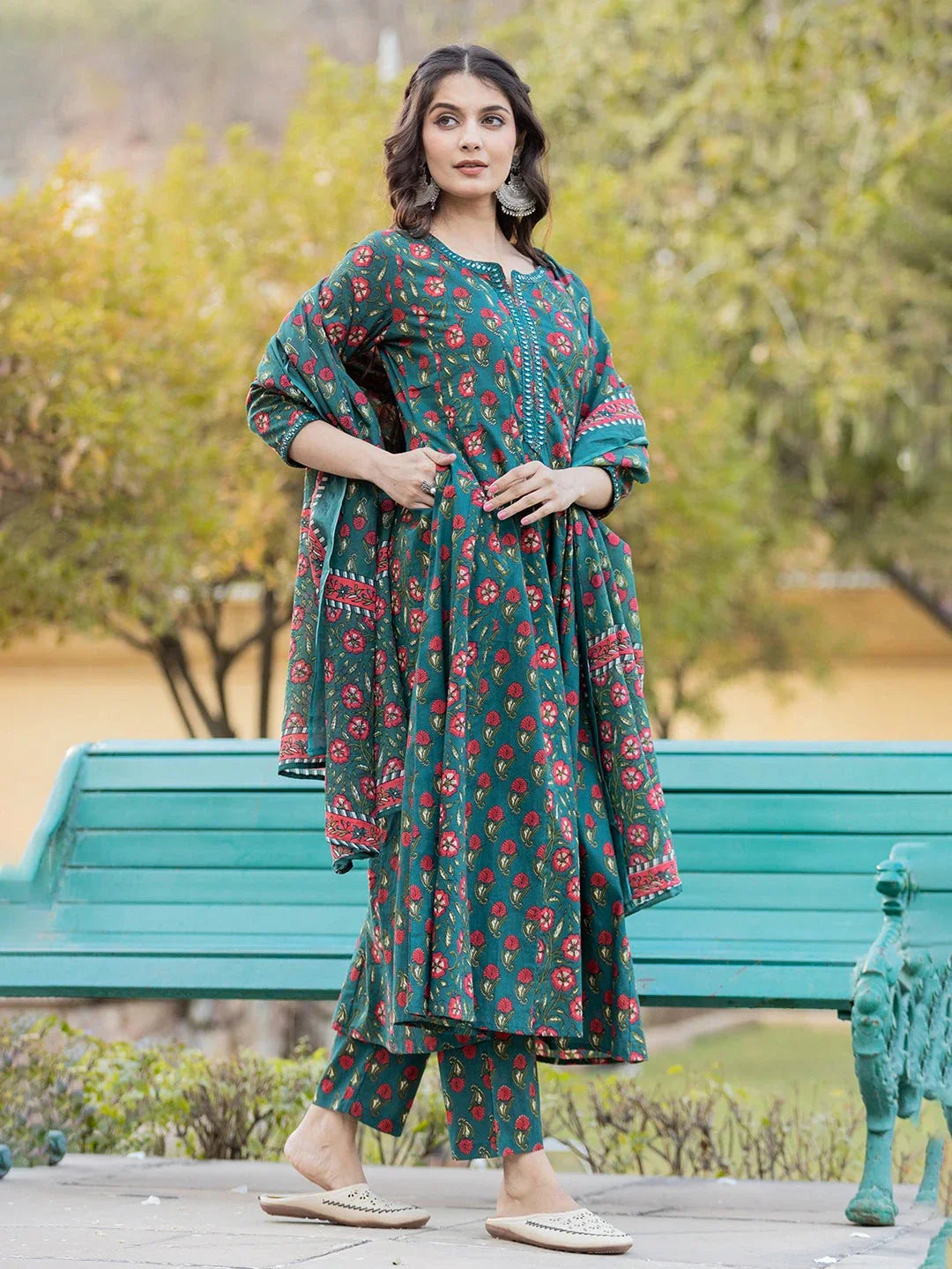 Yufta Green Floral Print Mirror_Work Anarkali Kurta Trouser And Dupatta Set
