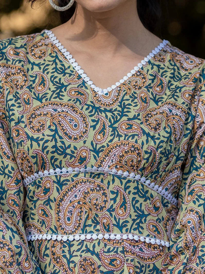Yufta Green Pure Cotton Paisley And Tassels Were Dress