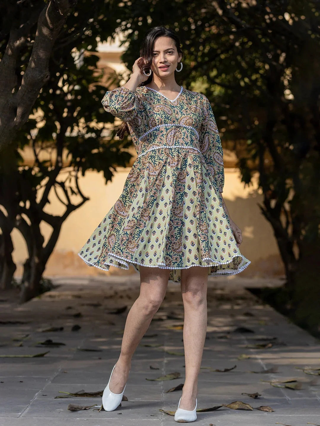 Yufta Green Pure Cotton Paisley And Tassels Were Dress