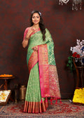 Lorenvalley Fashion Green Organza Silk Woven Design with Rich Meenakari Weaving Pallu Saree