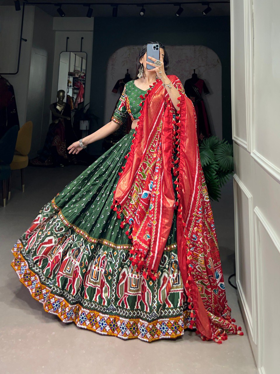 Lorenvalley Green Dola Silk Patola Print With Gamthi Work Lace Border Lehenga Choli with Dupatta