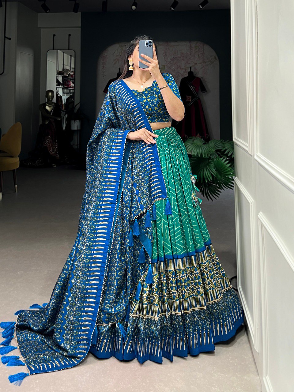 Lorenvalley Green Tussar Silk Bandhej And Ajarakh Print Lehenga Choli with Dupatta
