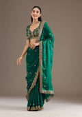 Lorenvalley Fashion Green Fendy Satin with Embroidery Double Sequence Work Saree with Blouse