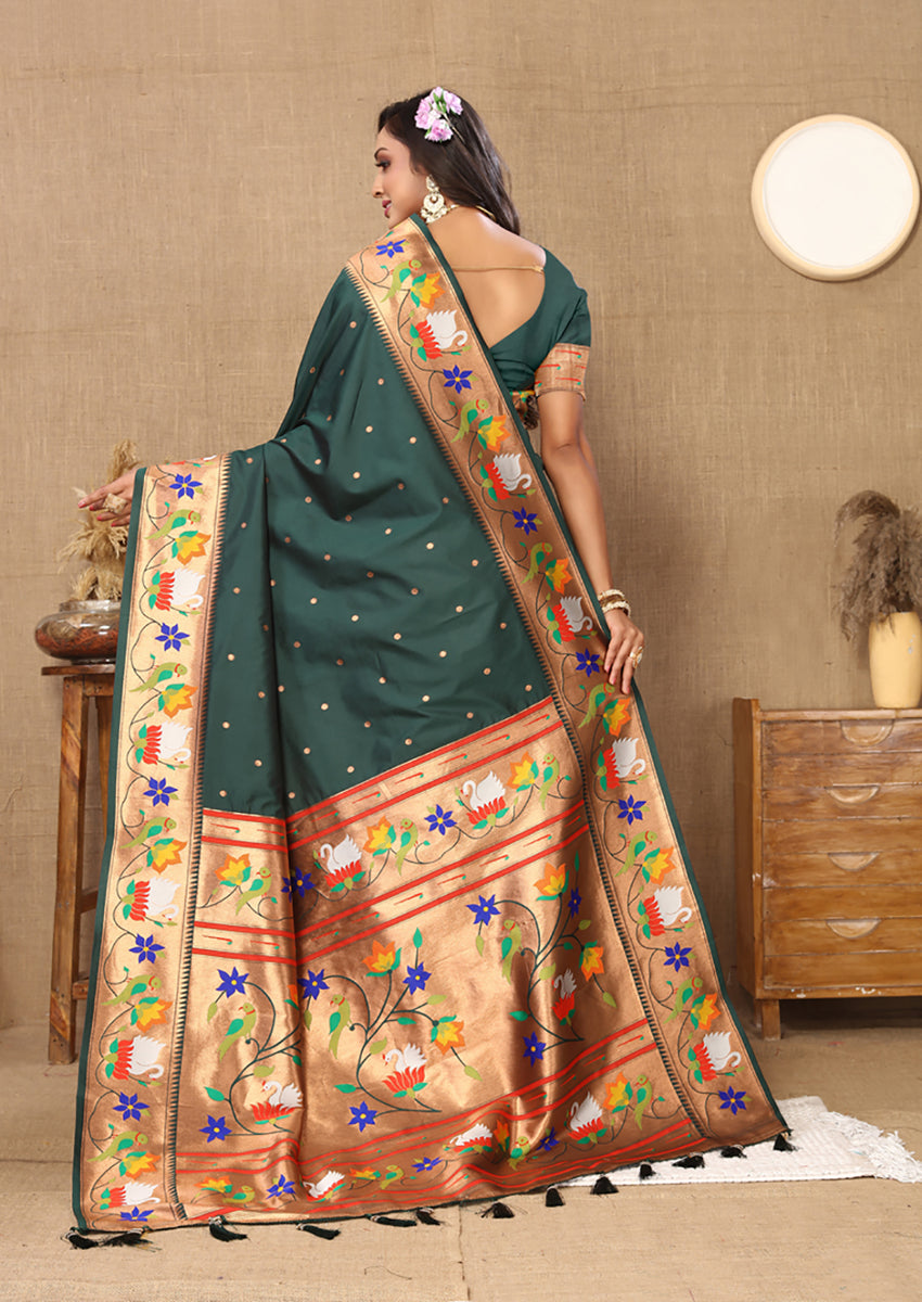 Lorenvalley Fashion Green Soft Paithani Silk Woven Design Rich Zari Meenakari Weaving Saree