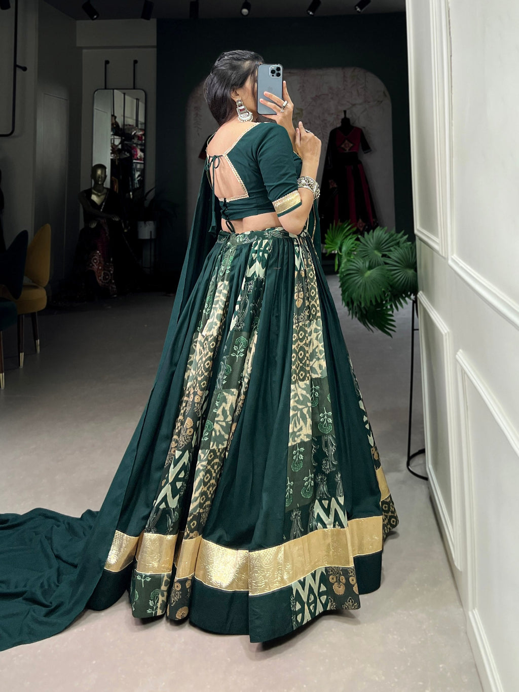 Lorenvalley Green Rayon and Tussar Silk Plain And Printed With Embossed Design Gota Lace Lehenga Choli with Dupatta