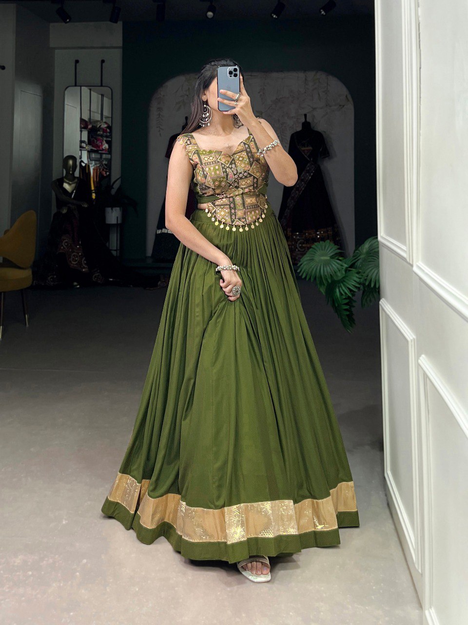 Lorenvalley Green Pure Rayon Plain With Embossed Design Lace Touch Up Lehenga Choli