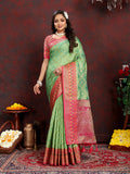 Lorenvalley Fashion Green Organza Silk Woven Design with Rich Meenakari Weaving Pallu Saree