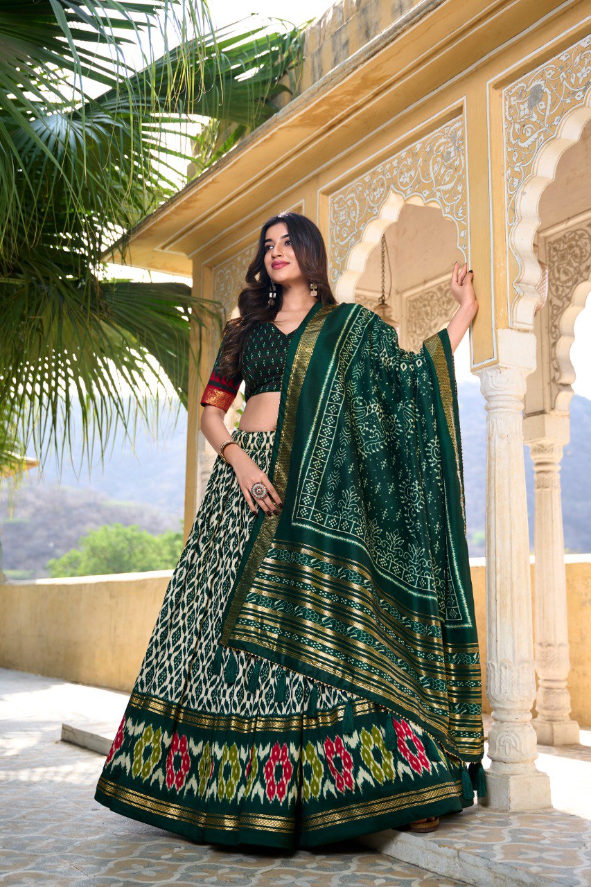 Lorenvalley Green Tussar Silk Ikkat Print With Foil Work Lehenga Choli with Dupatta